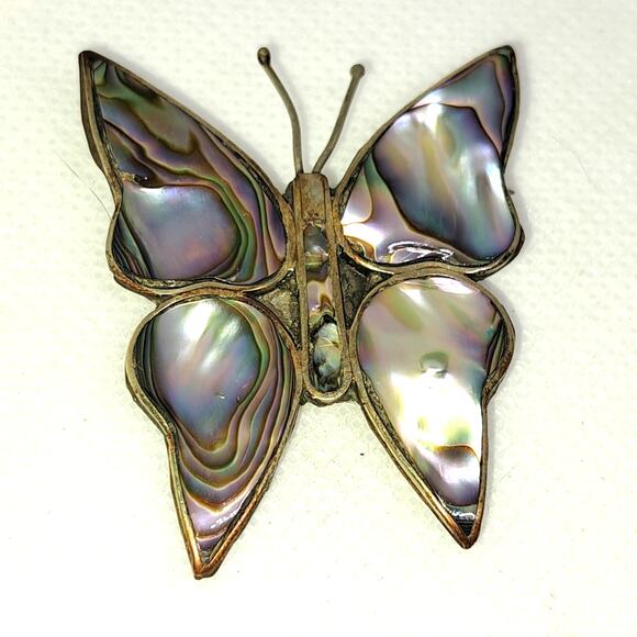 Vintage inlay abalone shell  butterfly brooch stamped Alpaca Mexico setting - Picture 1 of 7